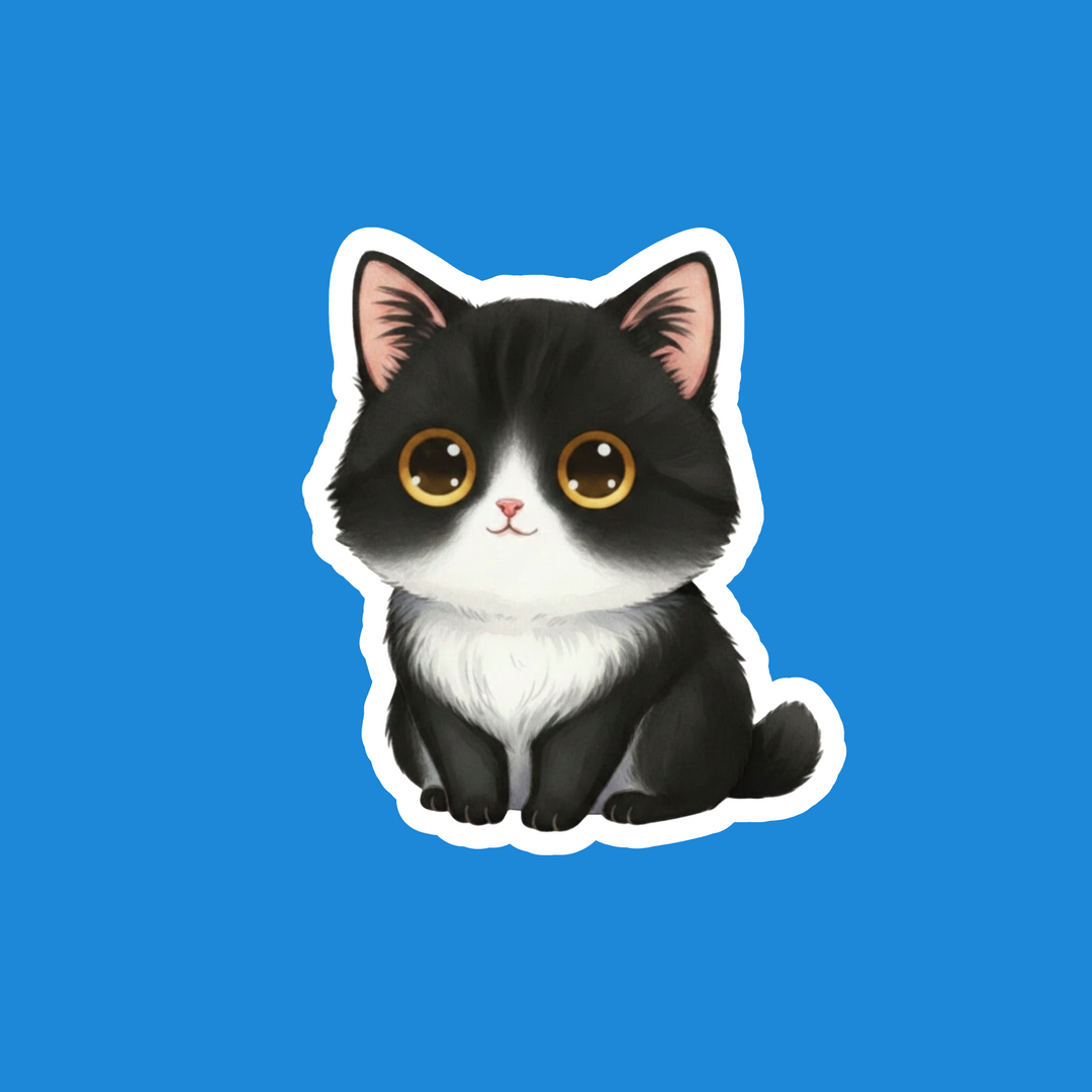 A cute cartoon-style black and white cat sticker with large amber eyes and pink inner ears, shown on a solid blue background.