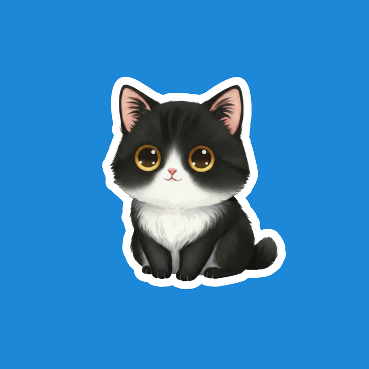 A cute cartoon-style black and white cat sticker with large amber eyes and pink inner ears, shown on a solid blue background.