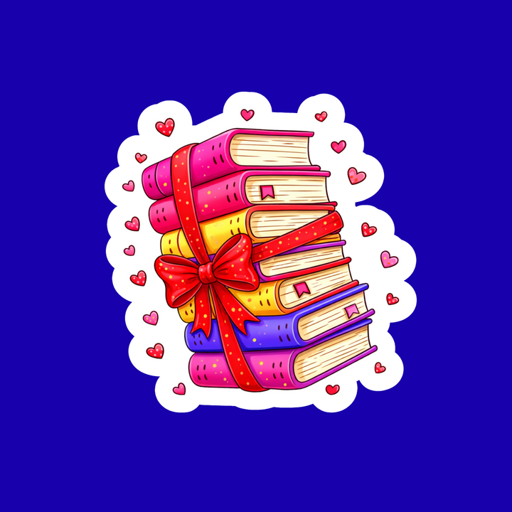 Colorful stack of books tied with a red ribbon on a blue background