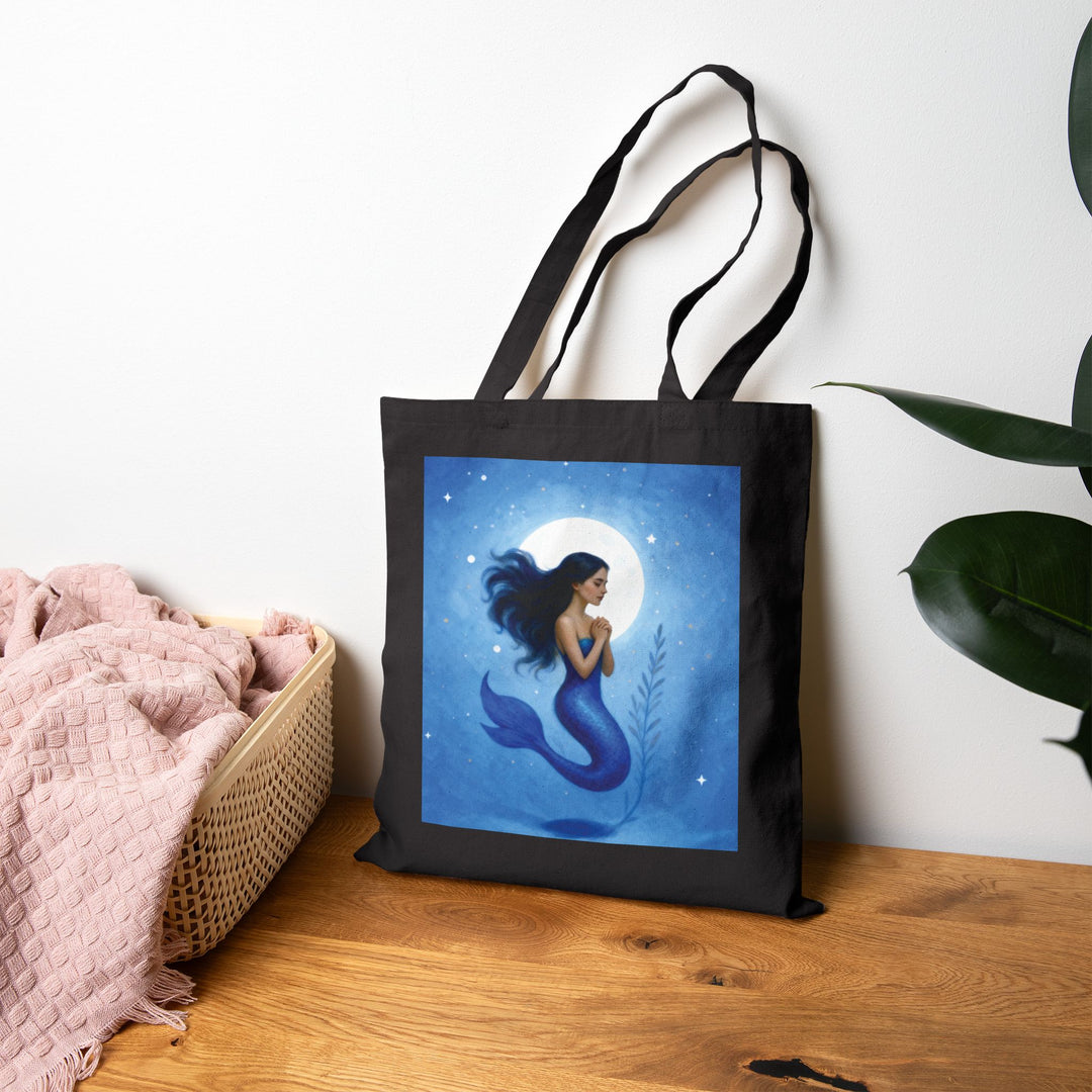 Mermaid Moon Canvas Tote — Ocean Blue Mermaid Illustration Beach Bag