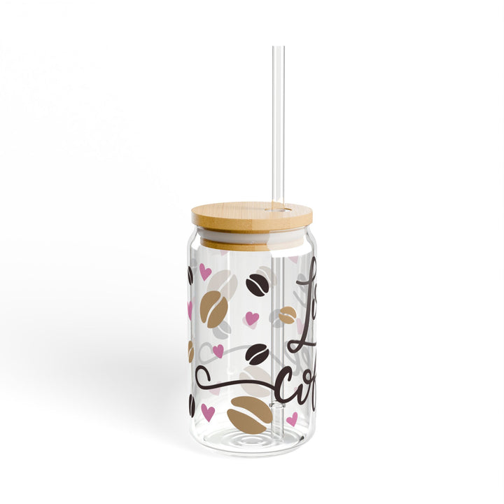 Love Coffee 16oz Sipper Glass — Hearts &amp; Coffee Beans Design - Designs by Mysh