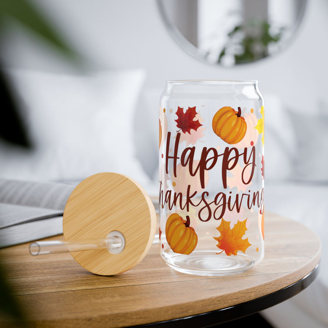 Happy Thanksgiving Pumpkin &amp; Leaves Sipper Glass — 16oz Holiday Drinkware - Designs by Mysh