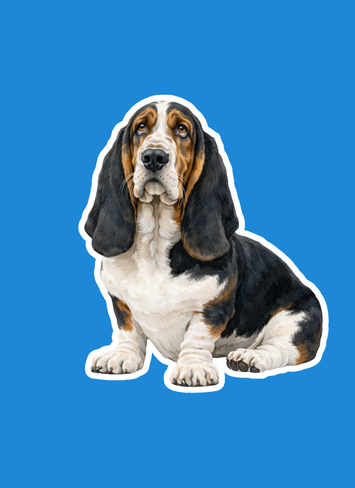 Sticker of a basset hound on a blue background