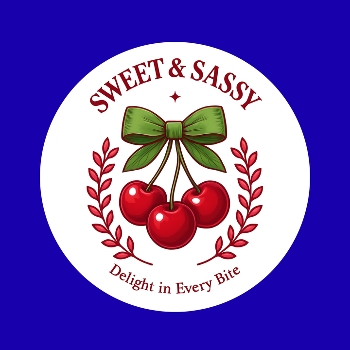 Logo with red cherries, green bow, and text 'Sweet & Sassy' on a blue background