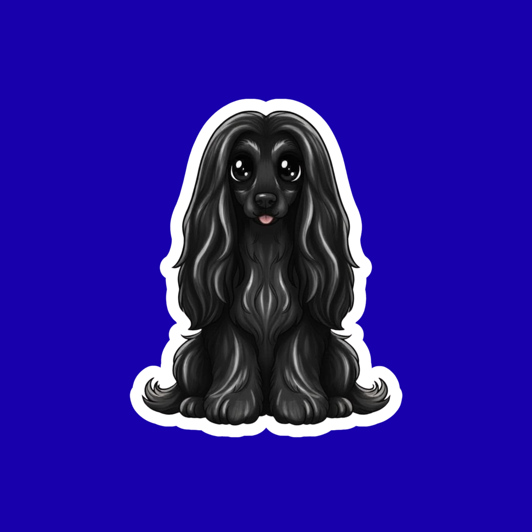 Illustration of a black dog with long hair on a blue background
