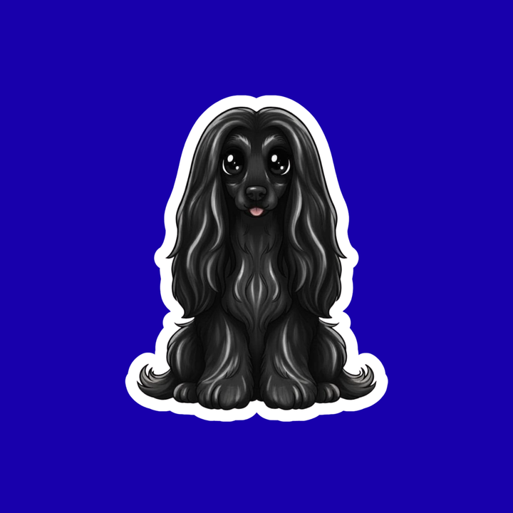 Illustration of a black dog with long hair on a blue background