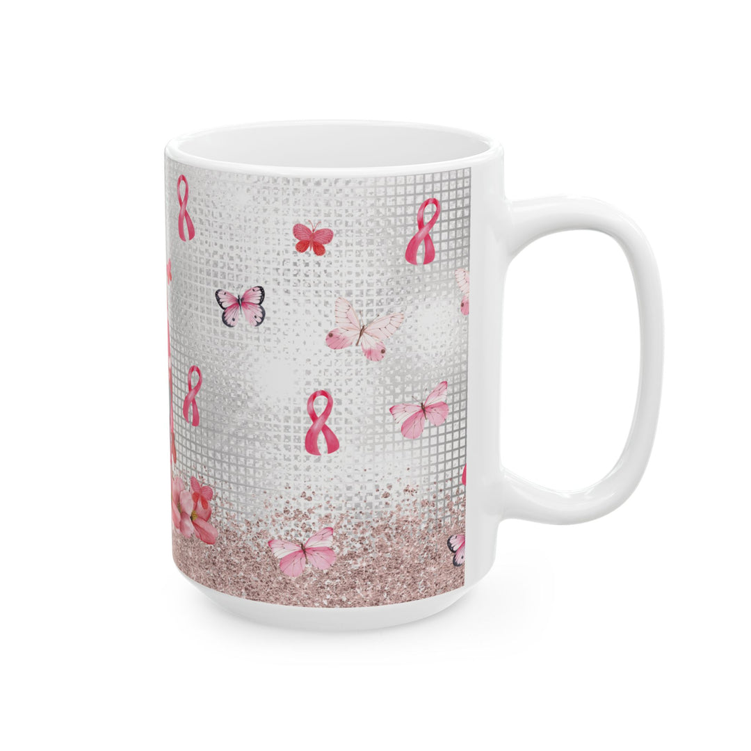 Pink Ribbon &amp; Butterflies Ceramic Mug – Breast Cancer Awareness Gift (15oz)