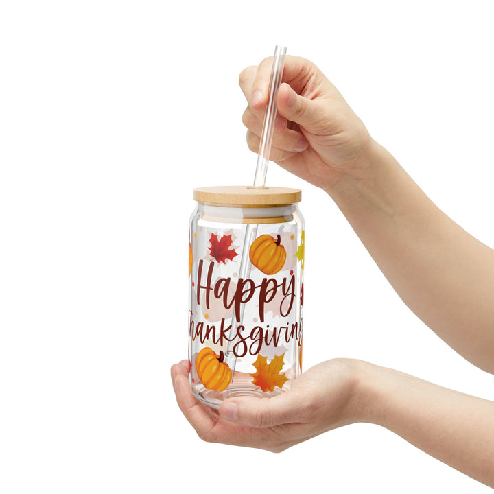 Happy Thanksgiving Pumpkin &amp; Leaves Sipper Glass — 16oz Holiday Drinkware - Designs by Mysh