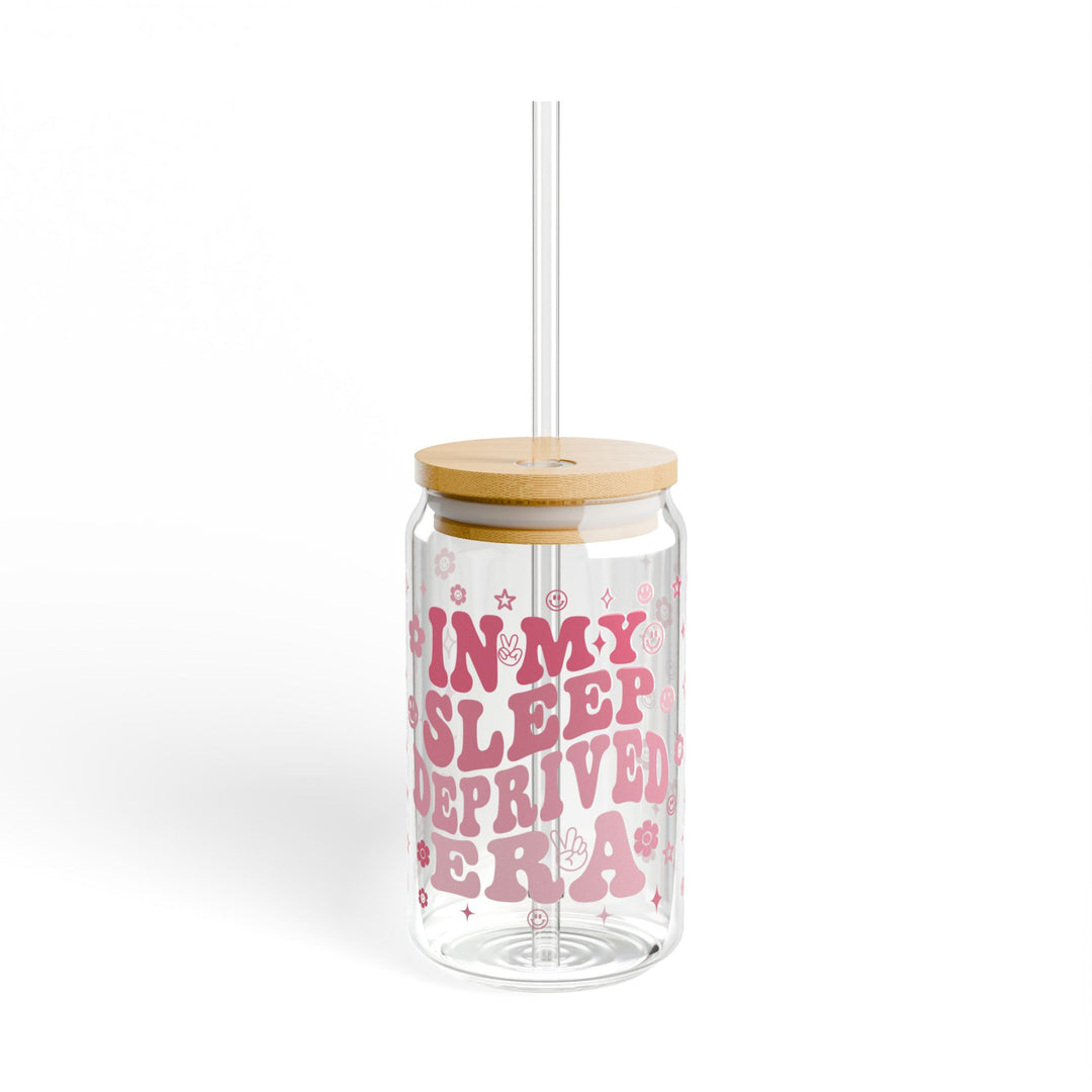 Sipper Glass, 16oz - Sleep Deprived Era Pink Wording Stars Happy Faces Design - Designs by Mysh