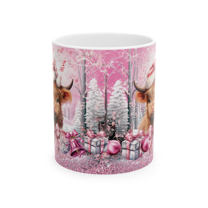 Pink Christmas Highland Cow 15oz Ceramic Mug - Side view - Designs by Mysh