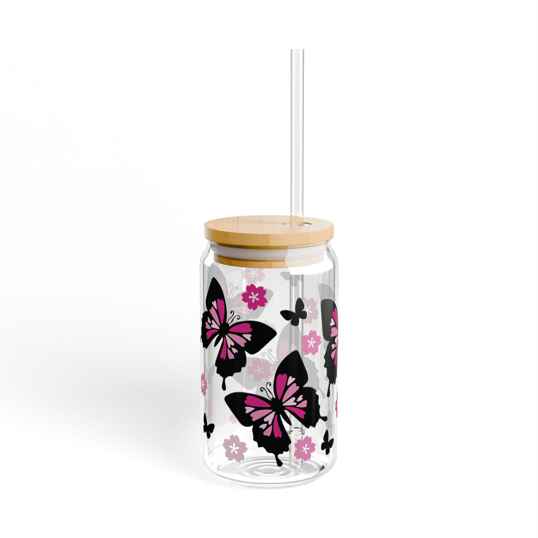 Butterfly-Themed Glass Sipper, Stylish Drinkware, Eco-Friendly Cup, Floral Design, Perfect for Parties, Gifts, Home Decor, Summer Sip - Designs by Mysh