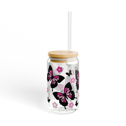 Butterfly-Themed Glass Sipper, Stylish Drinkware, Eco-Friendly Cup, Floral Design, Perfect for Parties, Gifts, Home Decor, Summer Sip