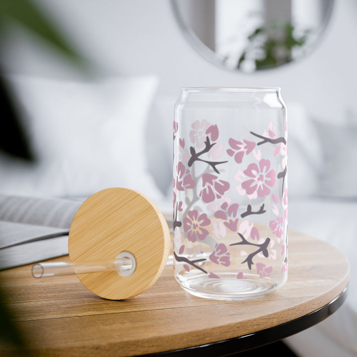16oz Cherry Blossom Sipper Glass — Floral Cherry Blossom Motif Drinkware - Designs by Mysh