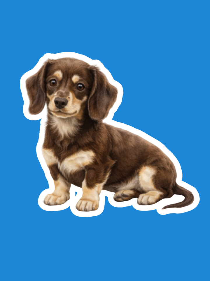 Sticker of a brown and white dog on a blue background