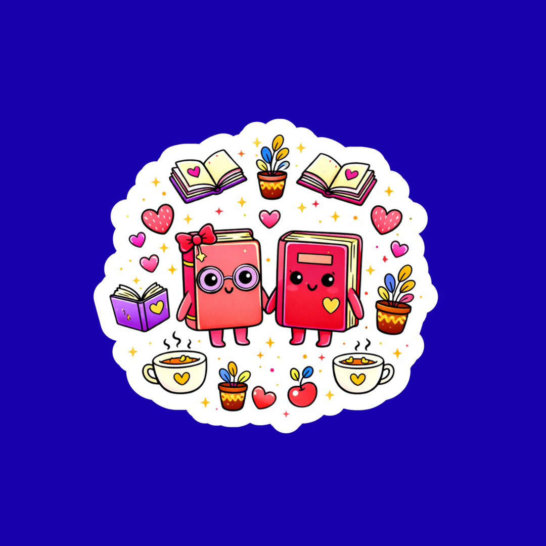 Two cartoon books with eyes and a heart, surrounded by books, hearts, and plants on a blue background.