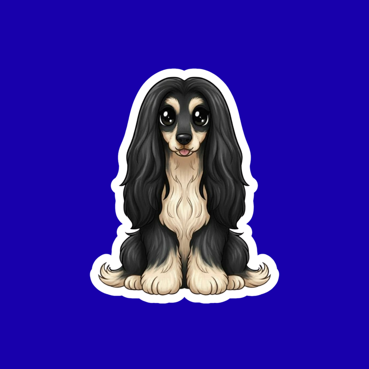 Illustration of a dog with long black hair on a blue background