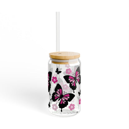 Butterfly-Themed Glass Sipper, Stylish Drinkware, Eco-Friendly Cup, Floral Design, Perfect for Parties, Gifts, Home Decor, Summer Sip