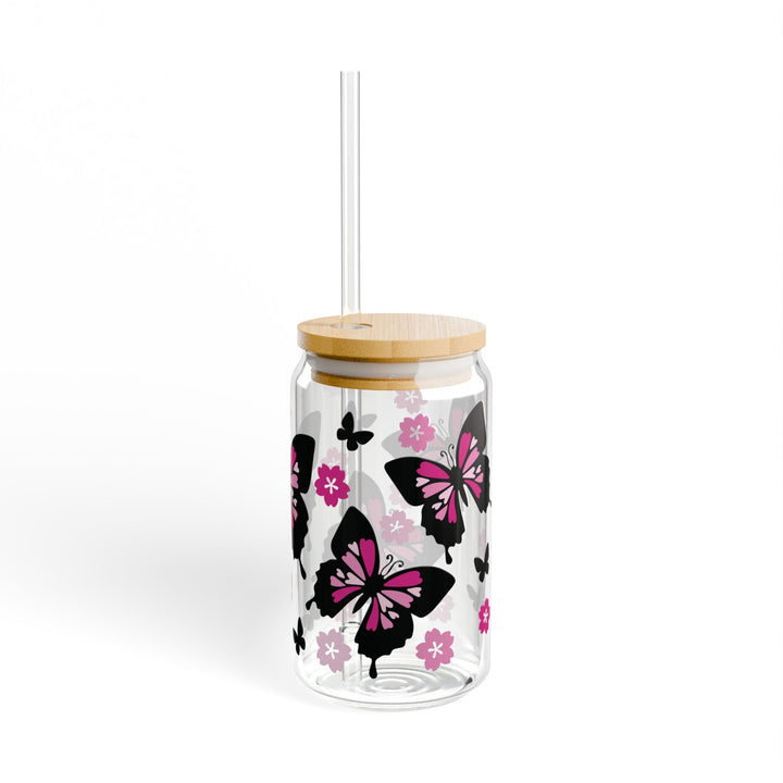 Butterfly-Themed Glass Sipper, Stylish Drinkware, Eco-Friendly Cup, Floral Design, Perfect for Parties, Gifts, Home Decor, Summer Sip - Designs by Mysh