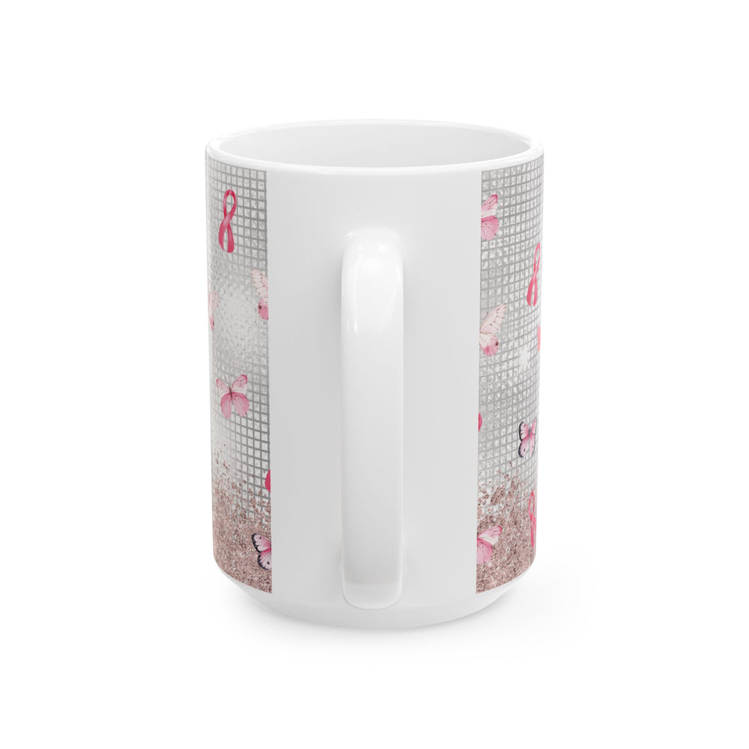 Pink Ribbon &amp; Butterflies Ceramic Mug – Breast Cancer Awareness Gift (15oz)