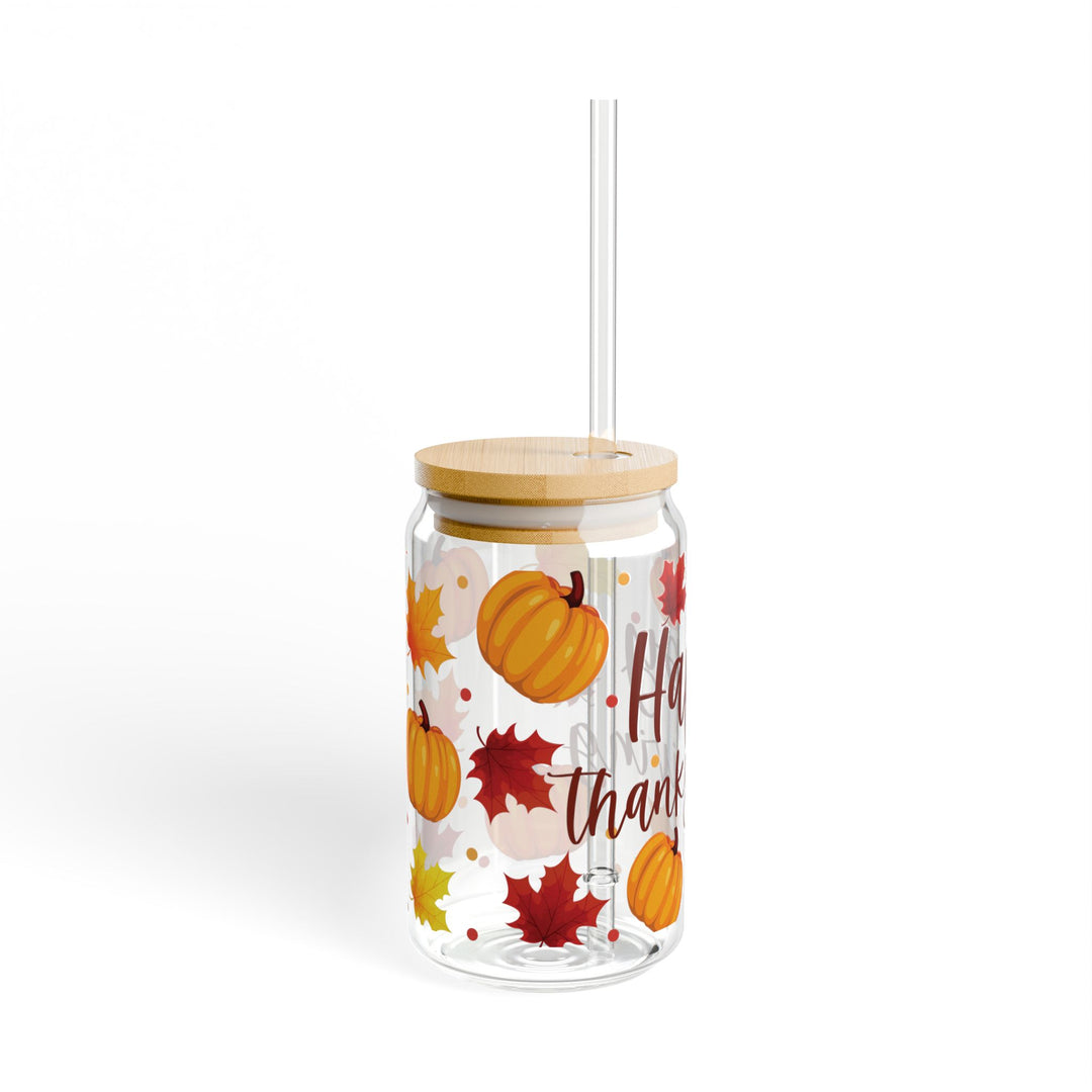Happy Thanksgiving Pumpkin &amp; Leaves Sipper Glass — 16oz Holiday Drinkware - Designs by Mysh