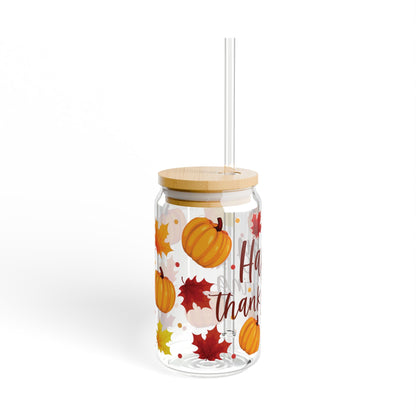 Happy Thanksgiving Pumpkin & Leaves Sipper Glass — 16oz Holiday Drinkware