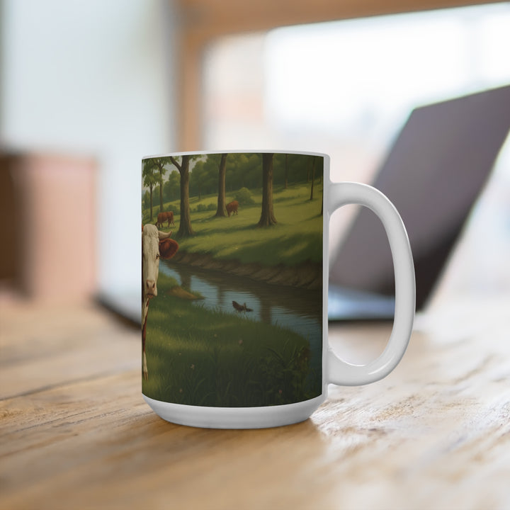 Pastoral Cows in Meadow Scenic Coffee Cup - 15oz Ceramic Mug - Designs by Mysh