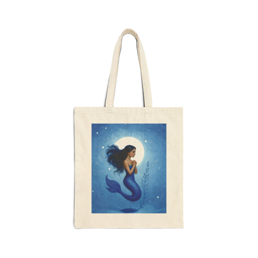 Mermaid Moon Canvas Tote - Ocean Blue Mermaid Illustration Beach Bag - Side view - Designs by Mysh