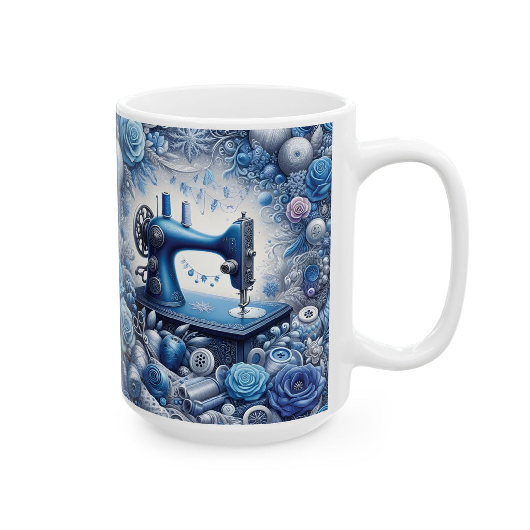 Blue Sewing Machine Ceramic Mug — 15oz Coffee Cup for Sewers &amp; Crafters