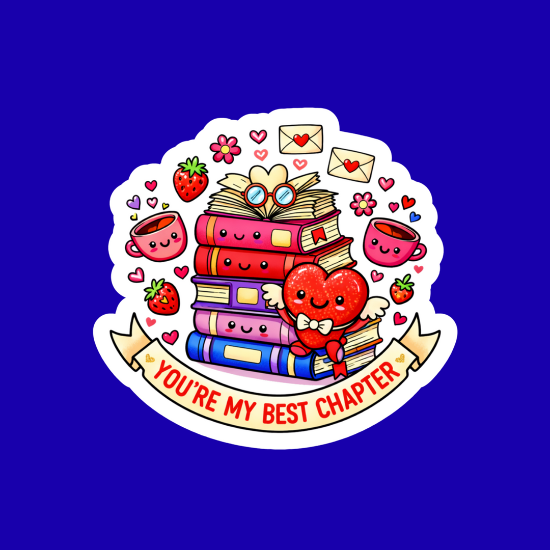 Sticker with cartoon books, heart, and coffee cups on a blue background