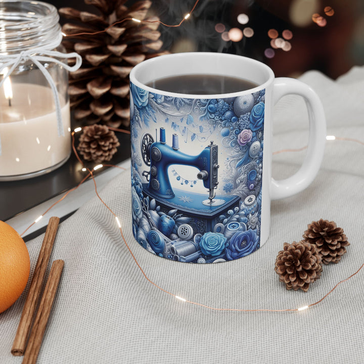 Blue Sewing Machine Ceramic Mug — 15oz Coffee Cup for Sewers &amp; Crafters