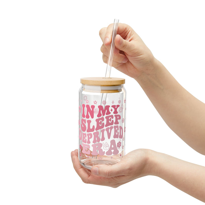 Sipper Glass, 16oz - Sleep Deprived Era Pink Wording Stars Happy Faces Design - Designs by Mysh