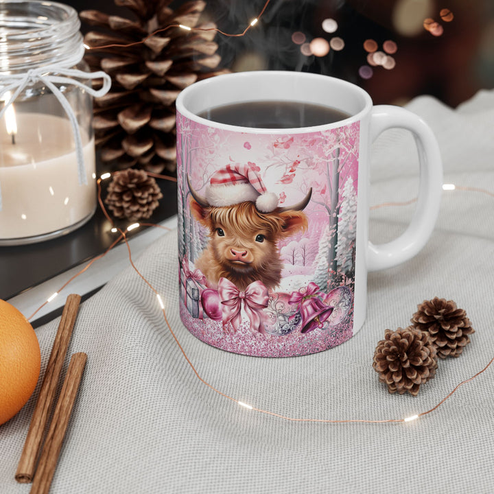 Pink Christmas Highland Cow Ceramic Mug — Festive Holiday Cow Mug (15oz)
