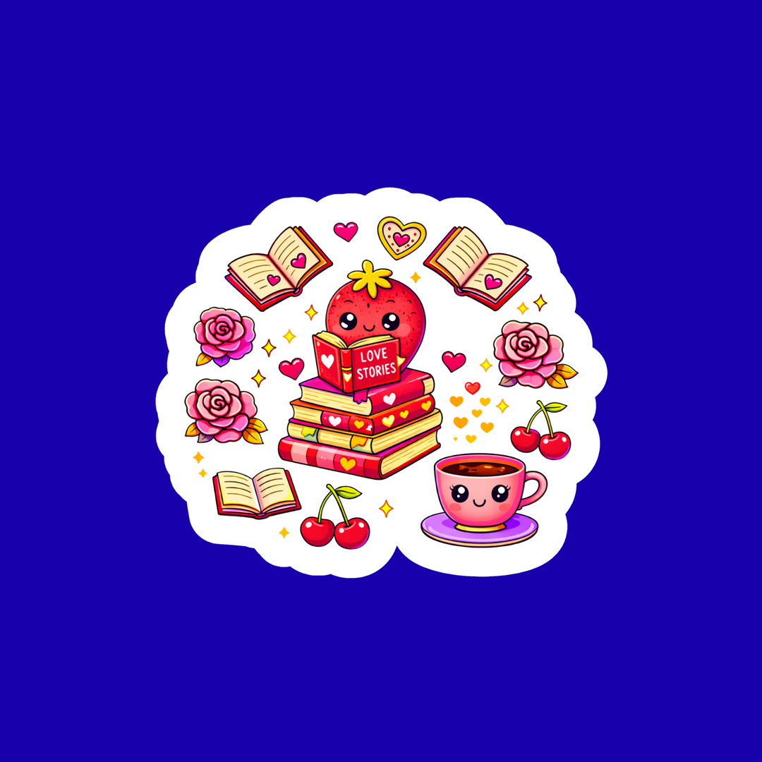 Sticker design with a strawberry character, books, a teacup, and flowers on a blue background