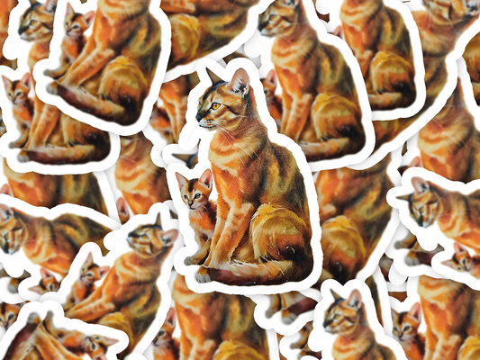 Abyssinian Cat Sticker, Sleek Mama & Kitten Art, Vinyl Cat Decal, Cat Lover Gift, Laptop or Planner Decor