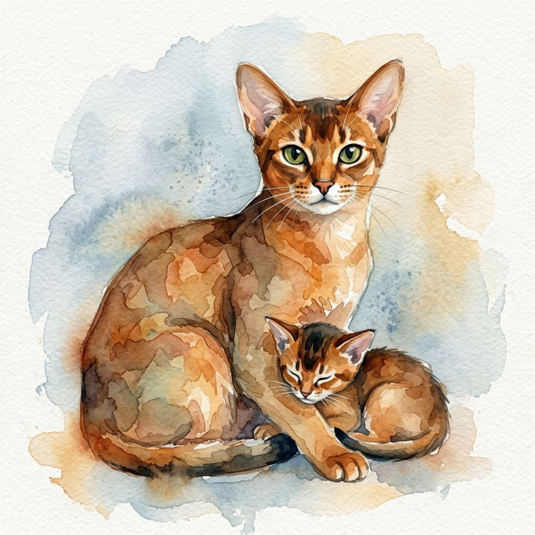 Watercolor painting of two Abyssinian cats on a light blue and white background