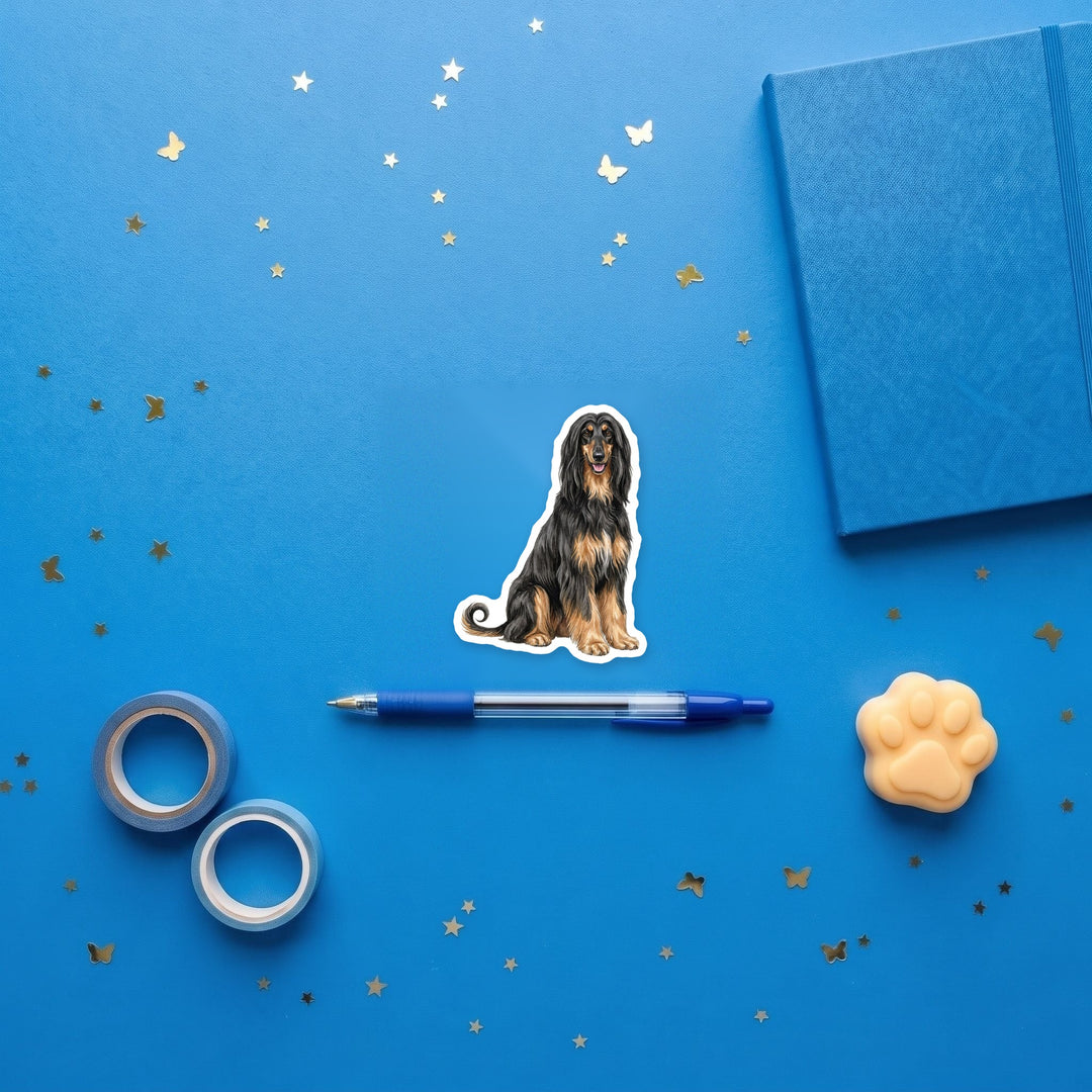 Afghan Hound Black and Tan sticker flat lay with stationery