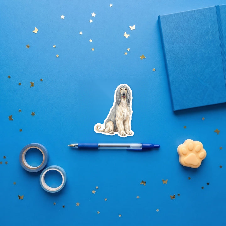 Afghan Hound Grey Blue and Cream sticker flat lay with stationery