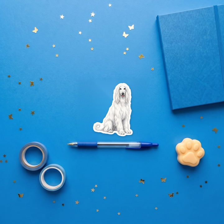Afghan Hound White sticker flat lay with stationery