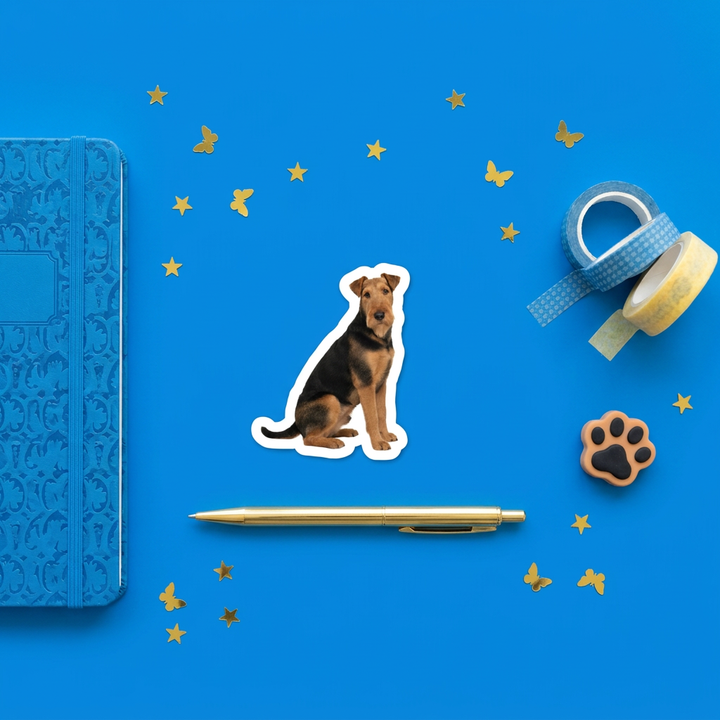 Airedale Terrier Black Tan Sticker brand flat lay - Designs by Mysh