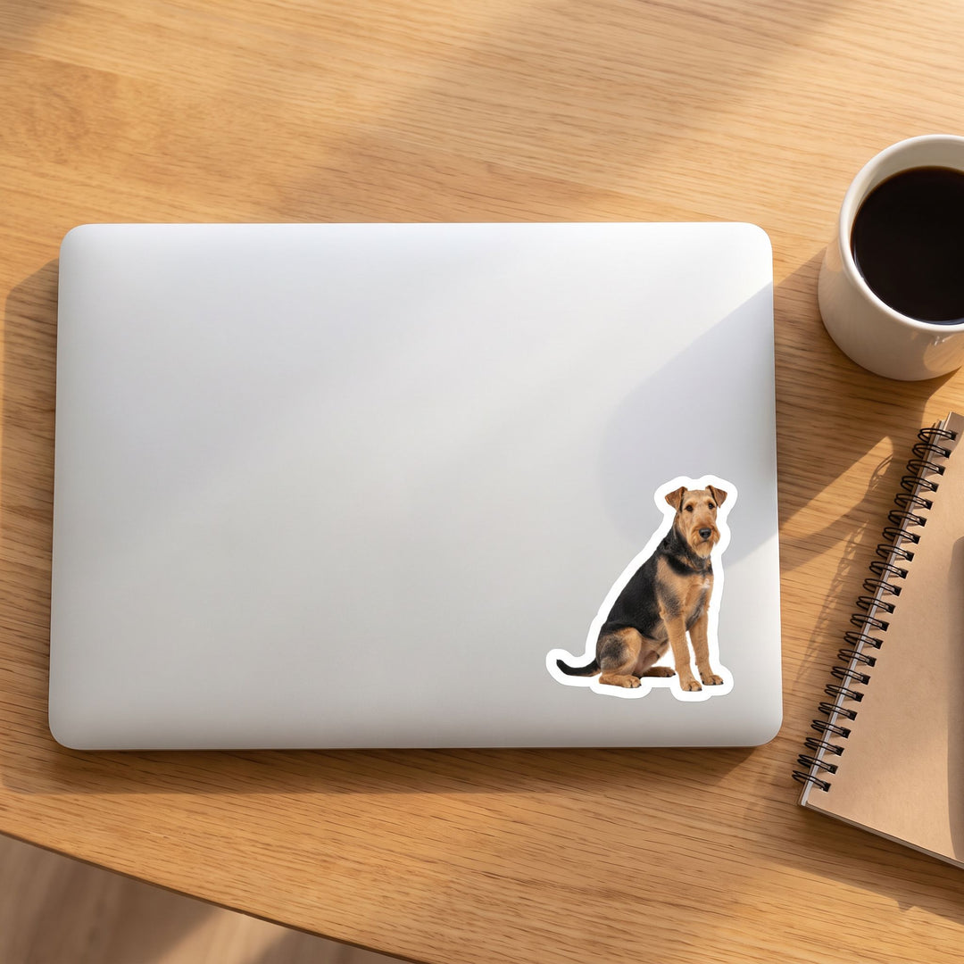 Airedale Terrier Grizzle Tan Sticker on a laptop - Designs by Mysh