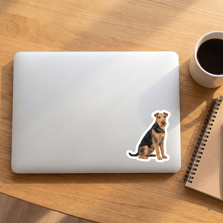 Airedale Terrier Grizzle Tan Sticker on a laptop - Designs by Mysh