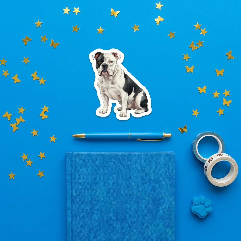 American Bulldog White Black Watercolor Sticker brand flat lay - Designs by Mysh