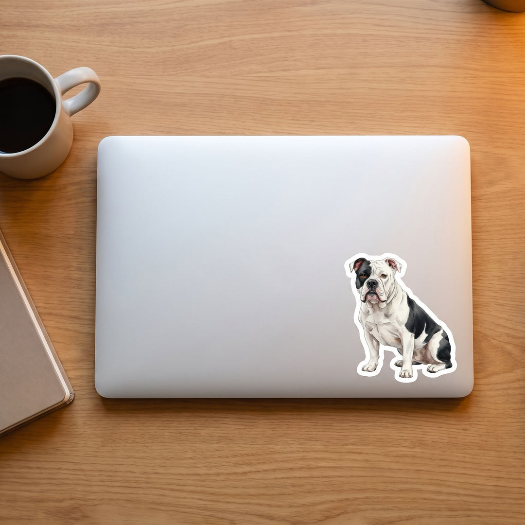American Bulldog White Black Watercolor Sticker on a laptop - Designs by Mysh