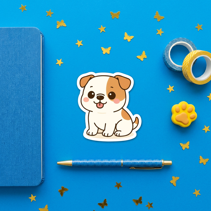 American Bulldog White Tan Kawaii Sticker brand flat lay - Designs by Mysh