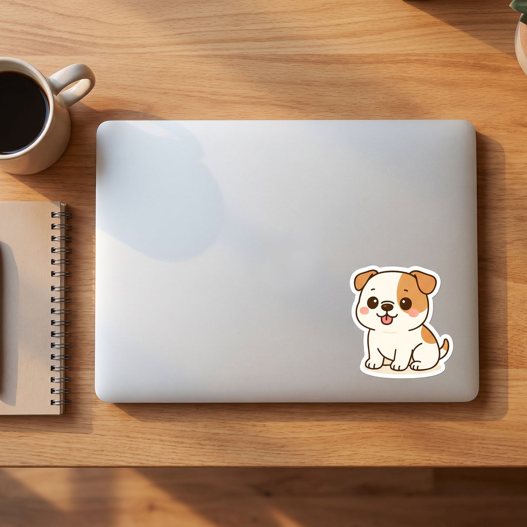 American Bulldog White Tan Kawaii Sticker on a laptop - Designs by Mysh