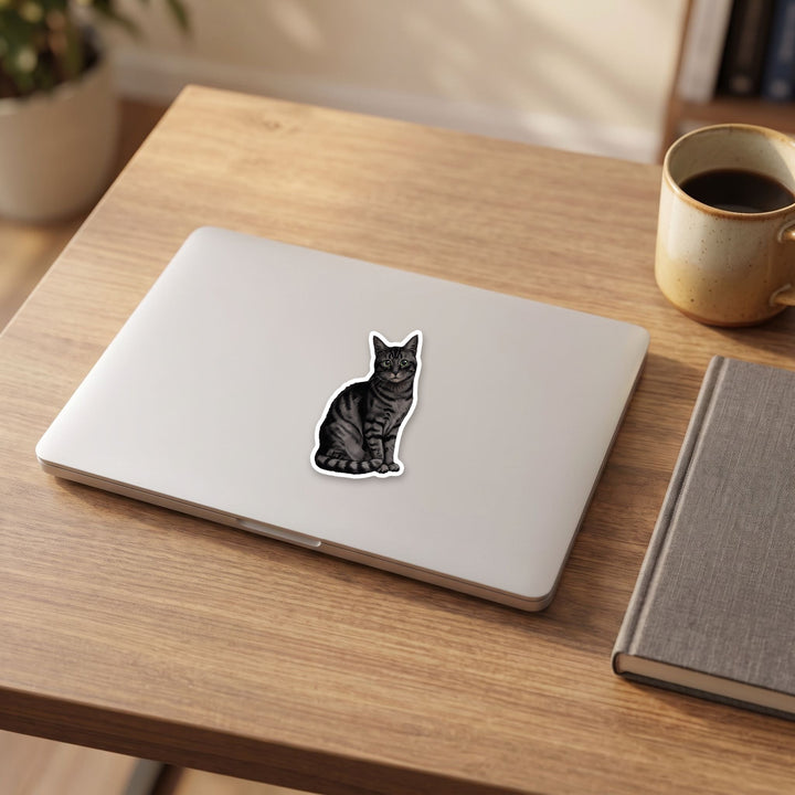 American Shorthair Black Tabby watercolor vinyl sticker on a laptop lid – Designs by Mysh
