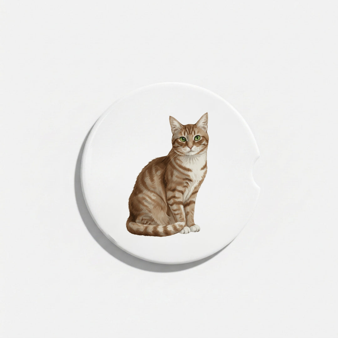 Single round ceramic car coaster featuring a watercolor-style illustration of an American Shorthair cat with a brown tabby coat, sold individually.