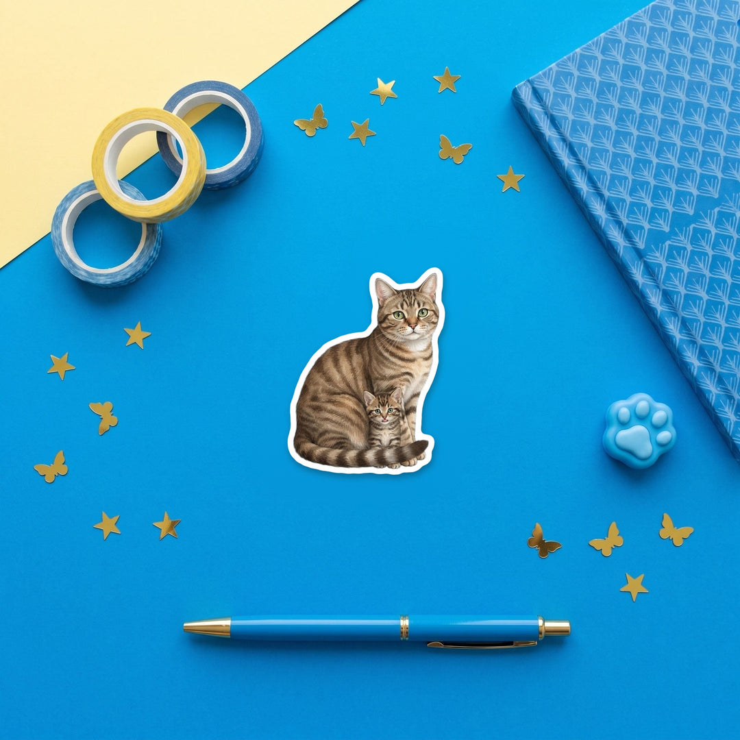 American Shorthair brown tabby cat and kitten flexible fridge magnet flat lay with blue and yellow stationery – Designs by Mysh