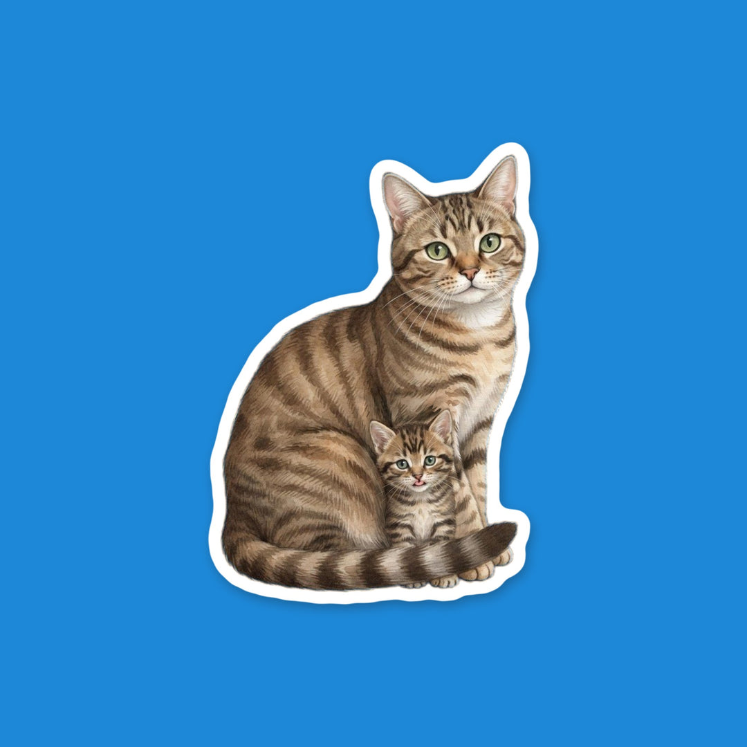 Brown tabby American Shorthair mama cat with her kitten tucked against her chest watercolor vinyl sticker – Designs by Mysh