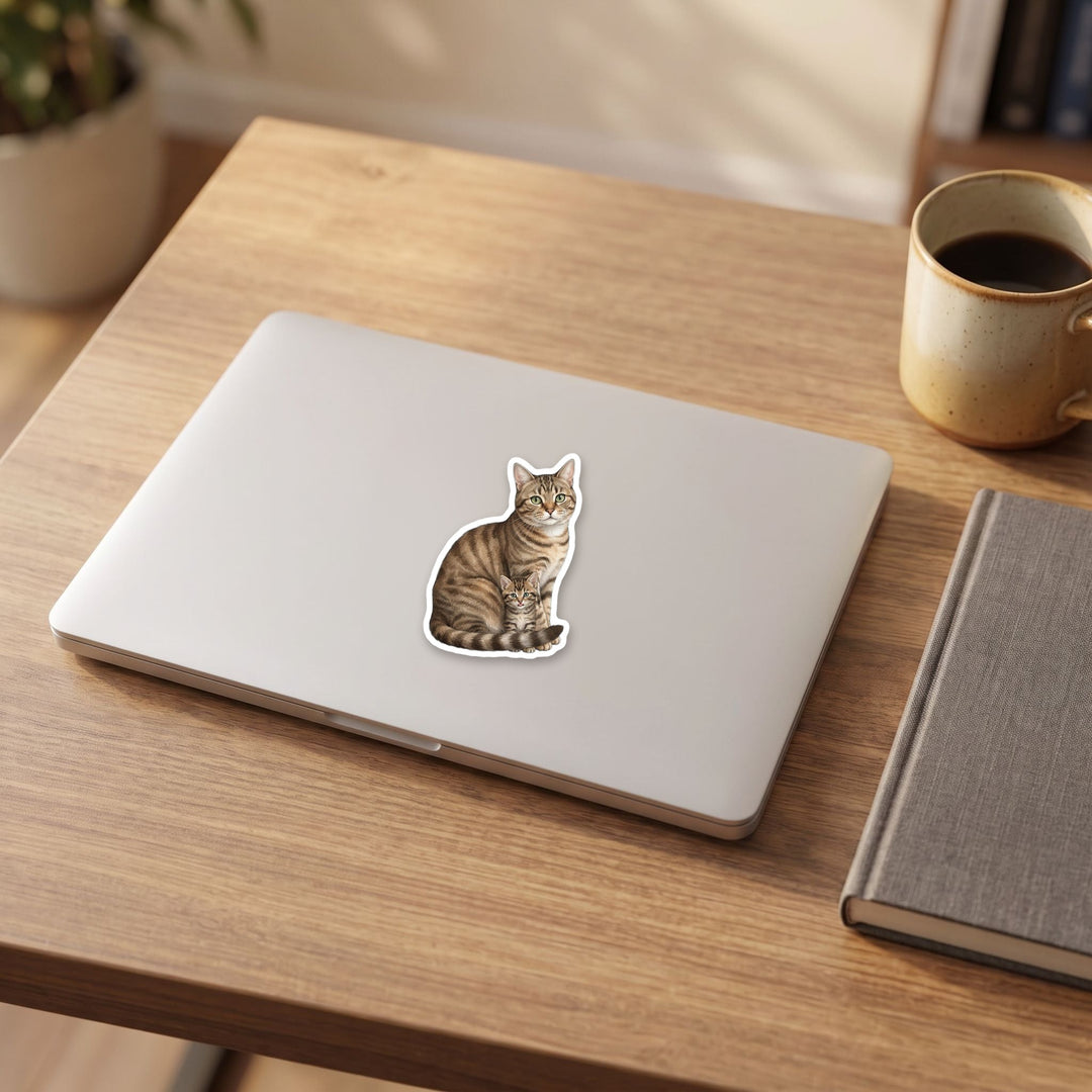 American Shorthair brown tabby cat and kitten watercolor vinyl sticker on a laptop lid – Designs by Mysh